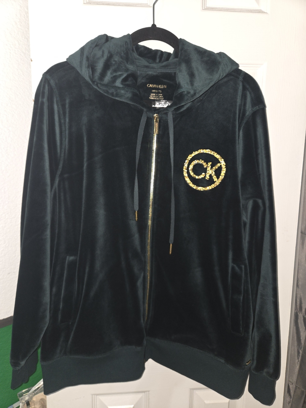 Calvin Klein Velvet Zip-Up Hoodie In Emerald Green with Gold Logo. Size XL women